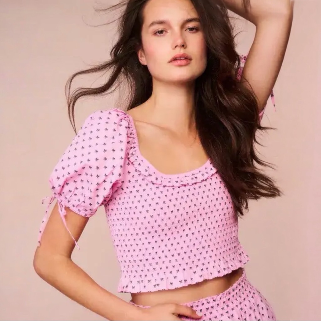 Loveshackfancy Molly Cotton Short Puff Sleeve Crop Top Pink With Black Bows New